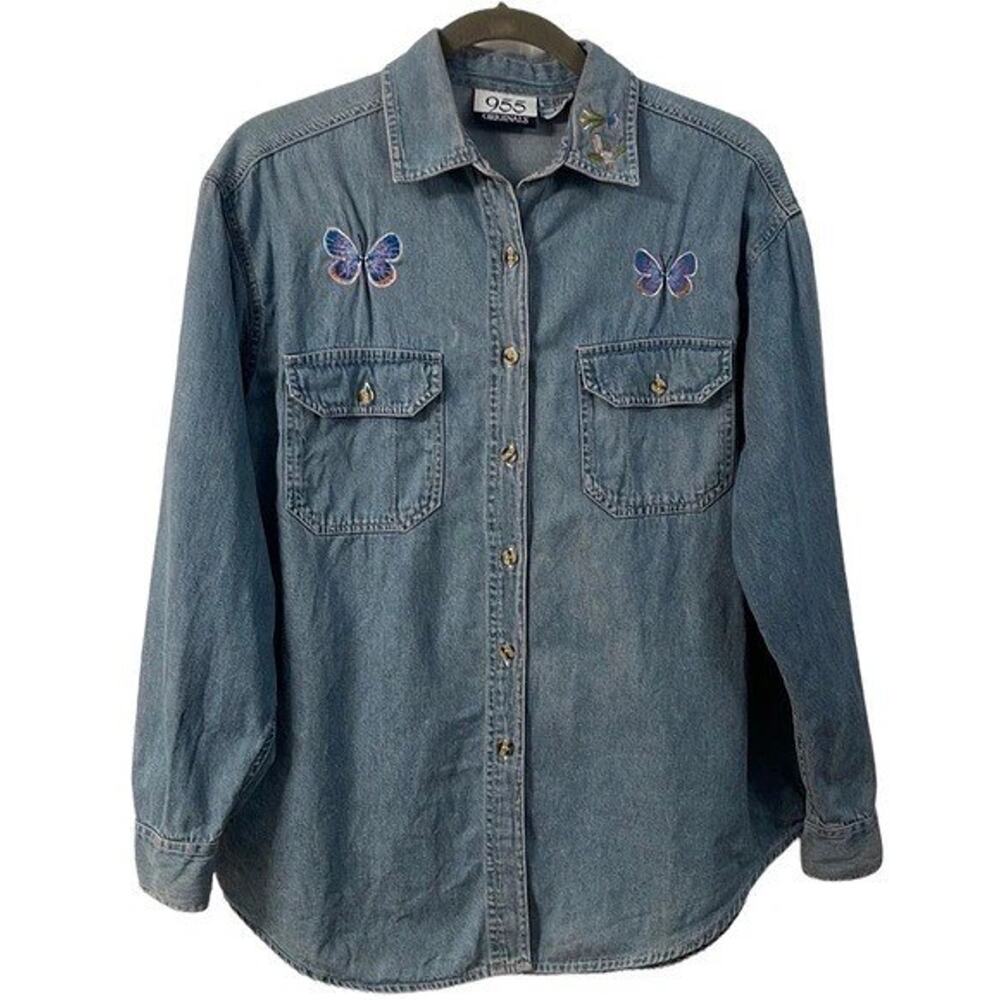 955 Original Ladies-Blue Jean Shirt-Large-Long Sleeves-Butterflies-100% Cotton!